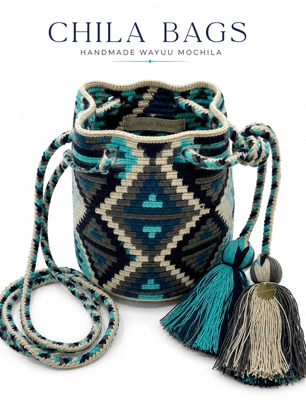 CHILA Bags Handmade Wayuu Mochila Bucket Crossbody Bag Blue Gray Tassel